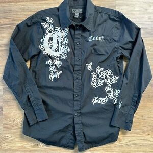 Coogi Shirt Men XL Button‎ Up Long Sleeve Embroidered Graphic Print Logo Black